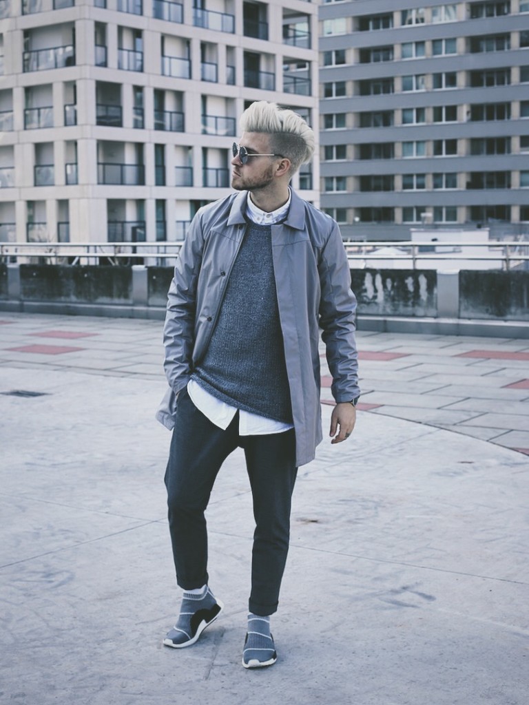Meanwhileinawesometown-menswear-mensfashion-modeblogger-blonde-haired-guy-wearing-all-grey-outfit-by-Jack-and-jones-premium-tiger-of-sweden-oscar-jacobson-and-adidas-NMD-city sock-with-new-kiss-on-the-blog
