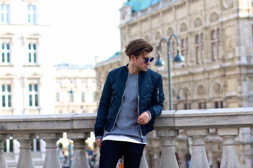 menswear blogger meanwhileinawesometown wearing schott nyc bomber jacket and blkdnm jeans from aboutyoude in front of Vienna Opera 1