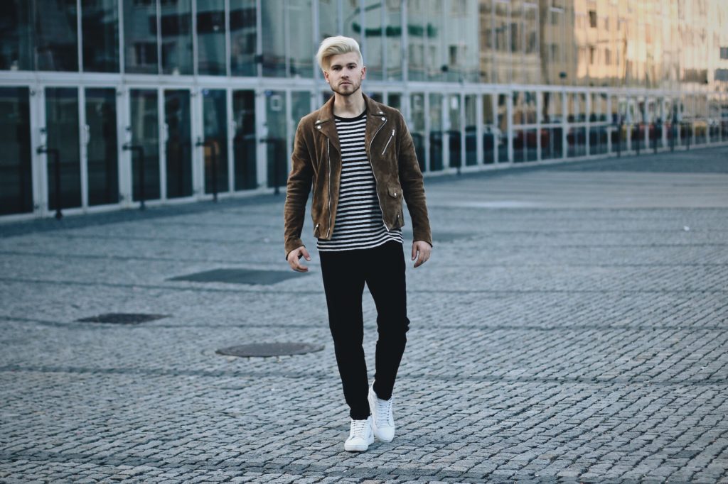 Meanwhileinawesometown Mens Fashion and Lifestyle Blog for Men Outfitpost the Kooples Suede Biker Jacket Sandro Paris Striped T-Shirt Drykorn Trousers ETQ Sneakers Blonde Hair Male blogger